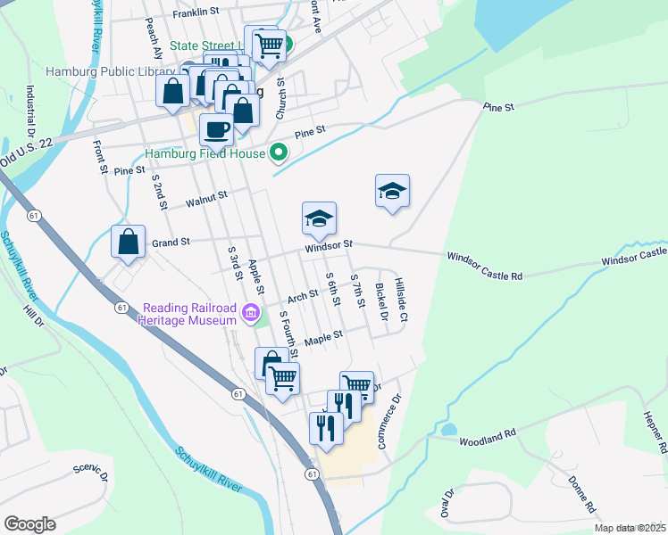 map of restaurants, bars, coffee shops, grocery stores, and more near 411 S 6th St in Hamburg