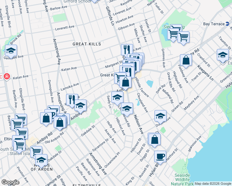 map of restaurants, bars, coffee shops, grocery stores, and more near 4061 Amboy Road in Staten Island
