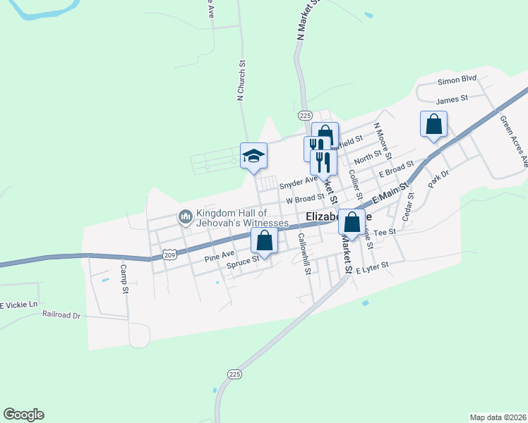map of restaurants, bars, coffee shops, grocery stores, and more near 148 W Broad St in Elizabethville