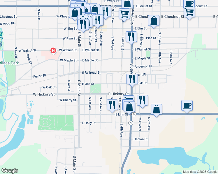 map of restaurants, bars, coffee shops, grocery stores, and more near 200-216 East Oak Street in Canton