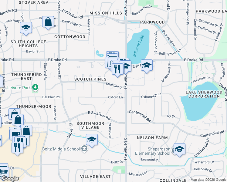 map of restaurants, bars, coffee shops, grocery stores, and more near 1001 Strachan Drive in Fort Collins