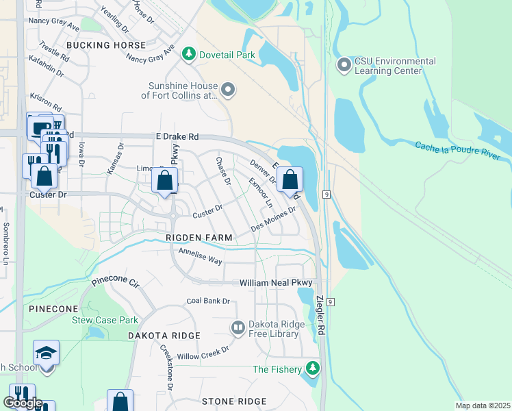 map of restaurants, bars, coffee shops, grocery stores, and more near 2791 Exmoor Lane in Fort Collins