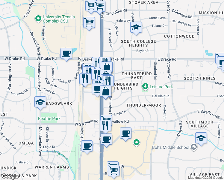 map of restaurants, bars, coffee shops, grocery stores, and more near 2712 Harvard Street in Fort Collins