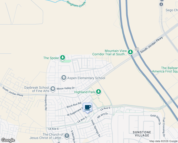 map of restaurants, bars, coffee shops, grocery stores, and more near Falcon Rise Drive in South Jordan