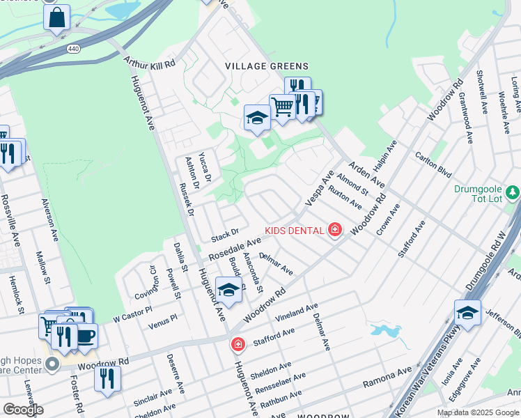 map of restaurants, bars, coffee shops, grocery stores, and more near 127 Green Valley Road in Staten Island