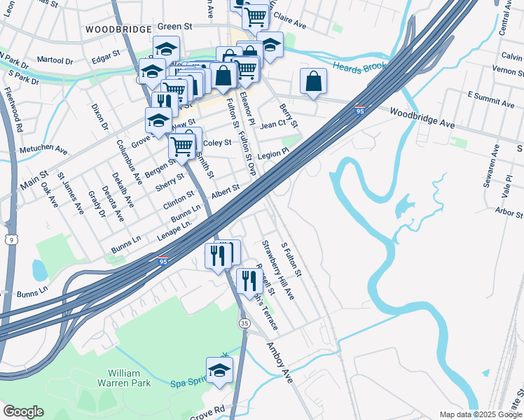 map of restaurants, bars, coffee shops, grocery stores, and more near 221 Fulton Street in Woodbridge Township