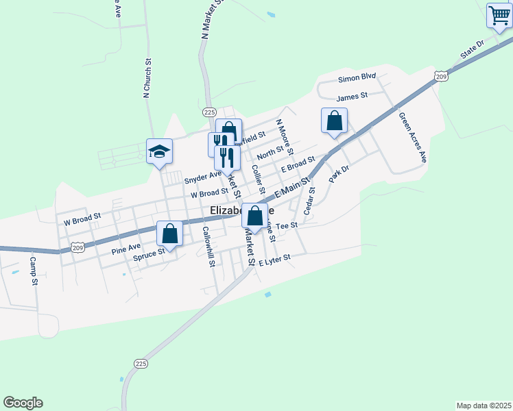 map of restaurants, bars, coffee shops, grocery stores, and more near 37 East Main Street in Elizabethville