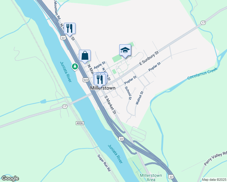 map of restaurants, bars, coffee shops, grocery stores, and more near 306 Poplar Alley in Millerstown