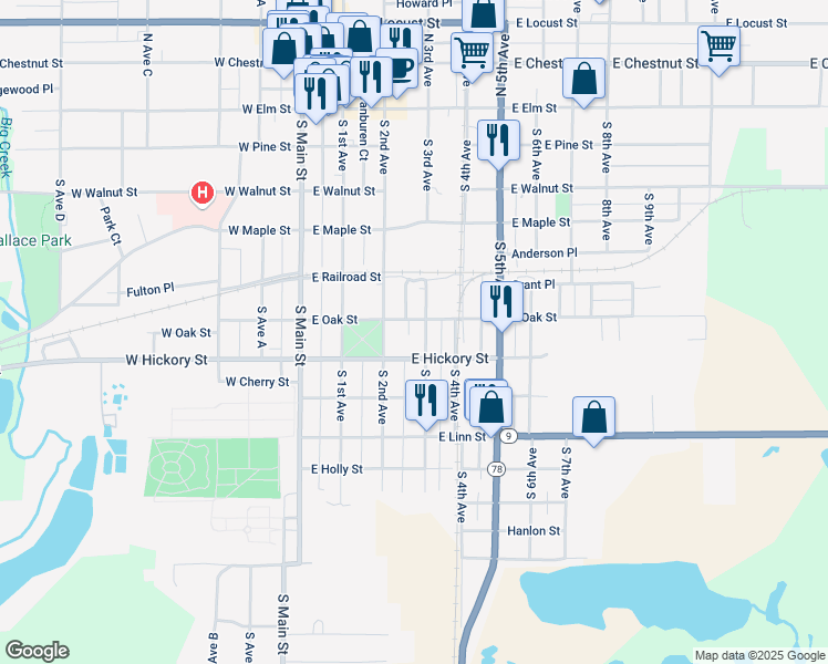 map of restaurants, bars, coffee shops, grocery stores, and more near 200-216 East Oak Street in Canton