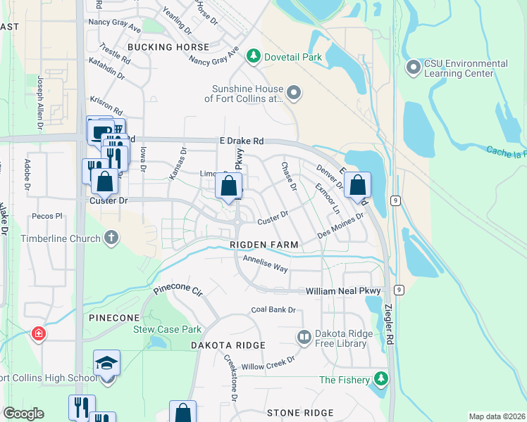 map of restaurants, bars, coffee shops, grocery stores, and more near 2826 Sitting Bull Way in Fort Collins