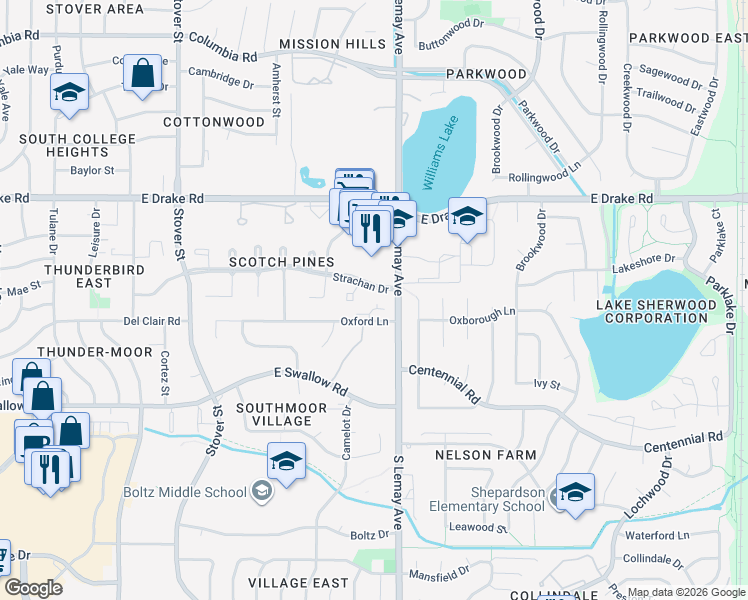 map of restaurants, bars, coffee shops, grocery stores, and more near 1001 Strachan Drive in Fort Collins