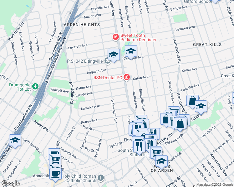 map of restaurants, bars, coffee shops, grocery stores, and more near 42 Laredo Avenue in Staten Island
