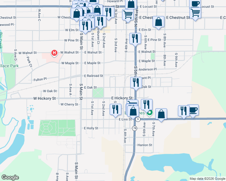 map of restaurants, bars, coffee shops, grocery stores, and more near 240 East Oak Street in Canton