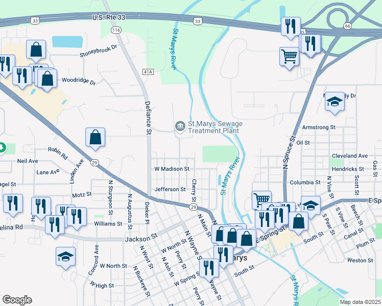 map of restaurants, bars, coffee shops, grocery stores, and more near 325 Cherry Street in Celina