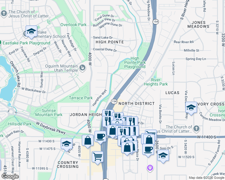 map of restaurants, bars, coffee shops, grocery stores, and more near 3857 West Belfry Circle in South Jordan
