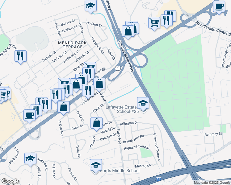map of restaurants, bars, coffee shops, grocery stores, and more near 13 Wisteria Drive in Woodbridge Township