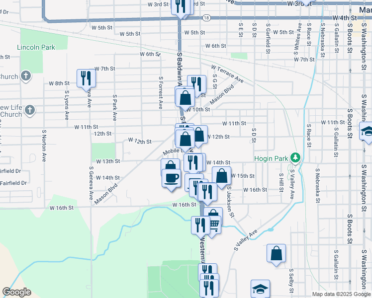 map of restaurants, bars, coffee shops, grocery stores, and more near 1204 South Baldwin Avenue in Marion