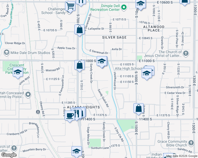 map of restaurants, bars, coffee shops, grocery stores, and more near 807 East Dusty Rock Circle in Sandy