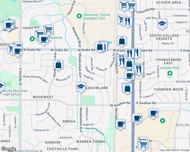 map of restaurants, bars, coffee shops, grocery stores, and more near 2701 Killdeer Drive in Fort Collins