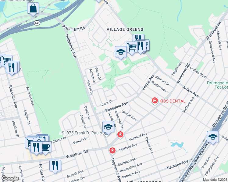 map of restaurants, bars, coffee shops, grocery stores, and more near 127 Green Valley Road in Staten Island