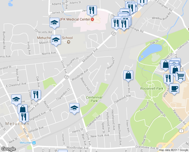map of restaurants, bars, coffee shops, grocery stores, and more near 26 Lexington Drive in Metuchen