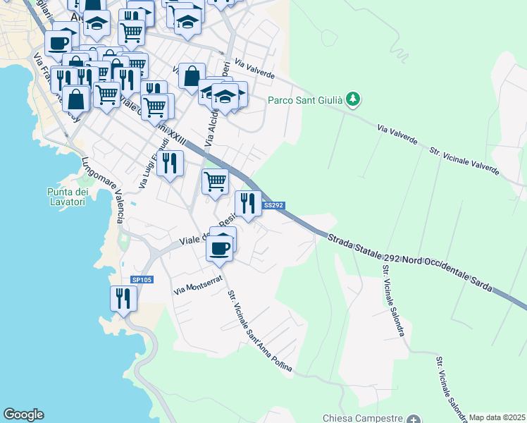 map of restaurants, bars, coffee shops, grocery stores, and more near Via Diego Mele in Alghero