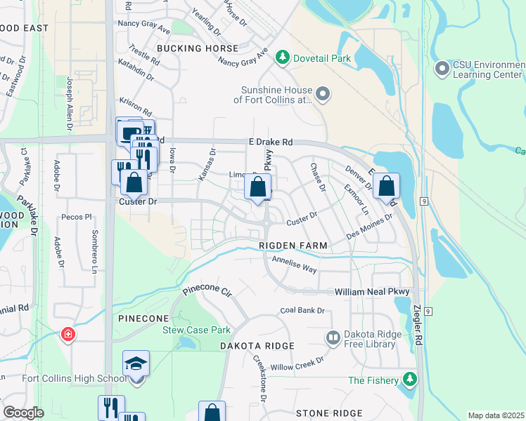 map of restaurants, bars, coffee shops, grocery stores, and more near 2821 Rigden Parkway in Fort Collins