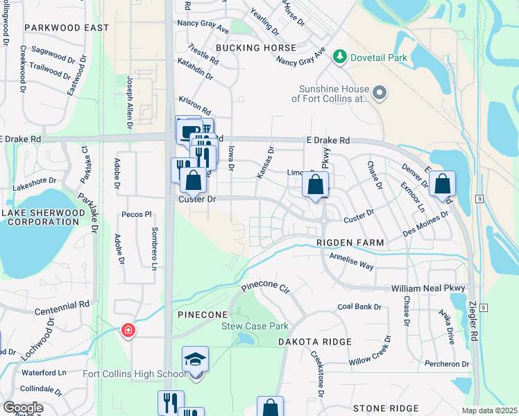 map of restaurants, bars, coffee shops, grocery stores, and more near 2419 Custer Drive in Fort Collins