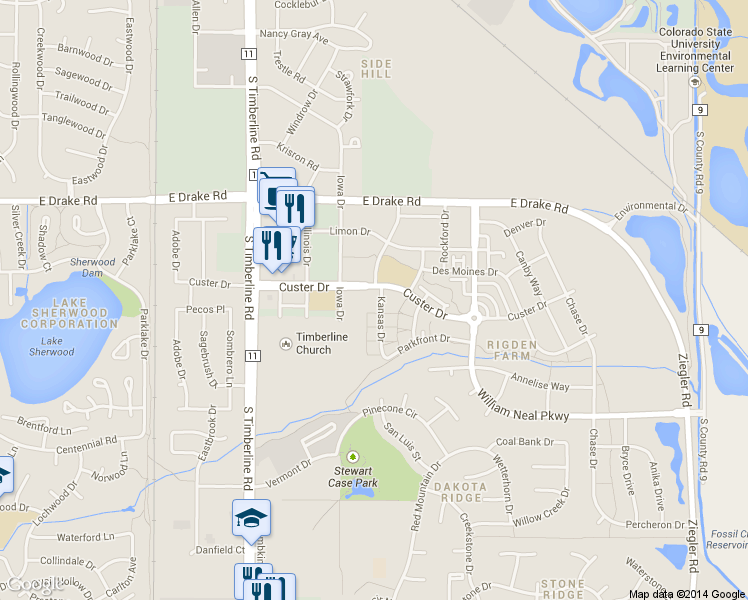 map of restaurants, bars, coffee shops, grocery stores, and more near 2814 Iowa Drive in Fort Collins