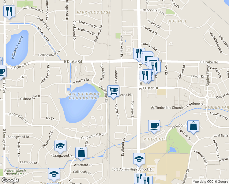 map of restaurants, bars, coffee shops, grocery stores, and more near 2801 Sagebrush Drive in Fort Collins