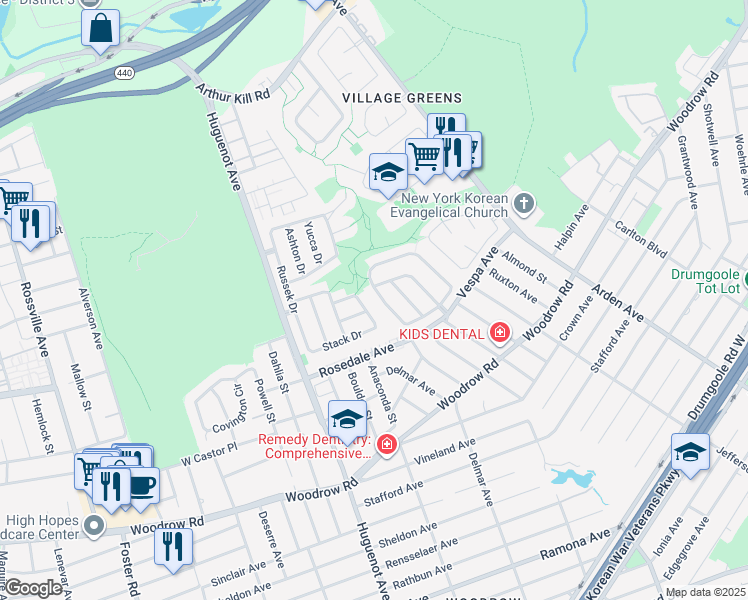 map of restaurants, bars, coffee shops, grocery stores, and more near 127 Green Valley Road in Staten Island