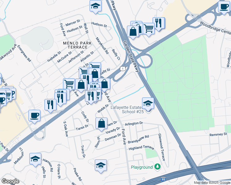 map of restaurants, bars, coffee shops, grocery stores, and more near 13 Wisteria Drive in Woodbridge Township