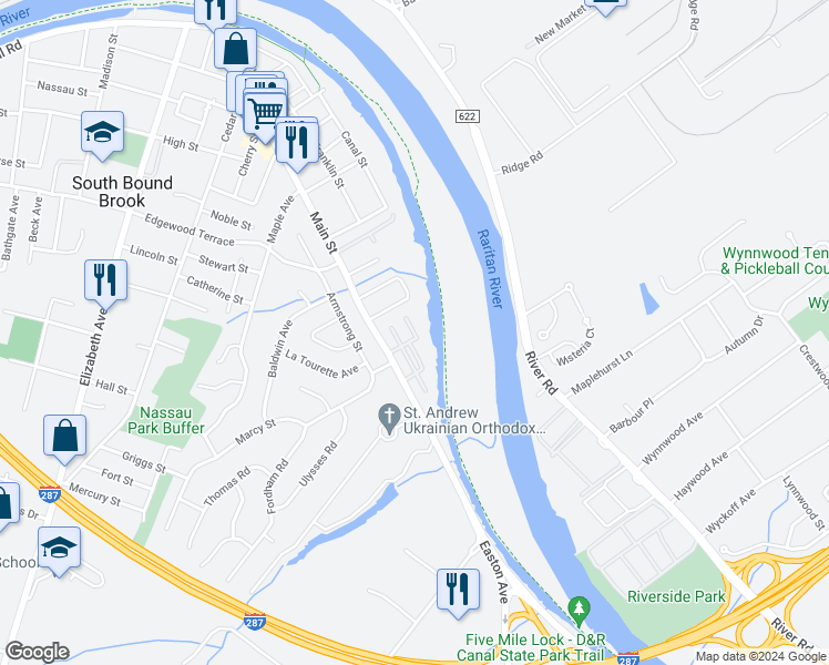 map of restaurants, bars, coffee shops, grocery stores, and more near 203 Main Street in South Bound Brook