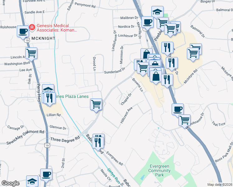 map of restaurants, bars, coffee shops, grocery stores, and more near 5900 Babcock Boulevard in Pittsburgh