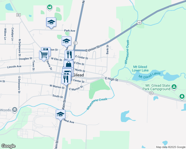 map of restaurants, bars, coffee shops, grocery stores, and more near 158 East North Street in Mount Gilead