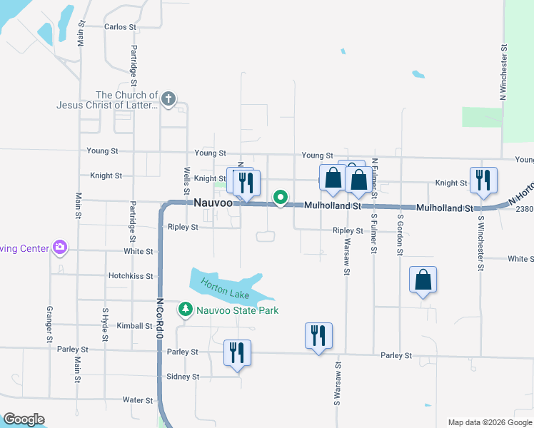 map of restaurants, bars, coffee shops, grocery stores, and more near 1400 Mulholland Street in Nauvoo