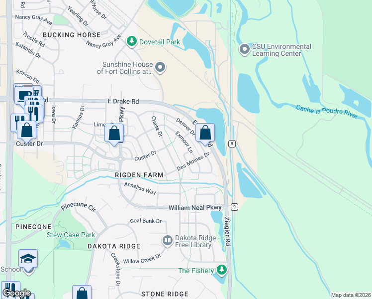 map of restaurants, bars, coffee shops, grocery stores, and more near 2932 Caspian Way in Fort Collins