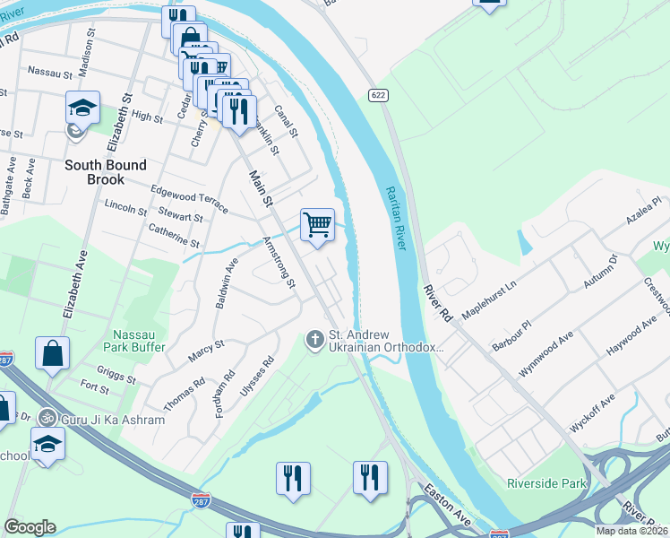map of restaurants, bars, coffee shops, grocery stores, and more near 203 Main Street in South Bound Brook