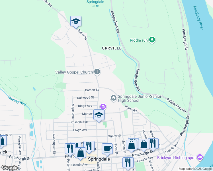 map of restaurants, bars, coffee shops, grocery stores, and more near 1009 Butler Road in Springdale