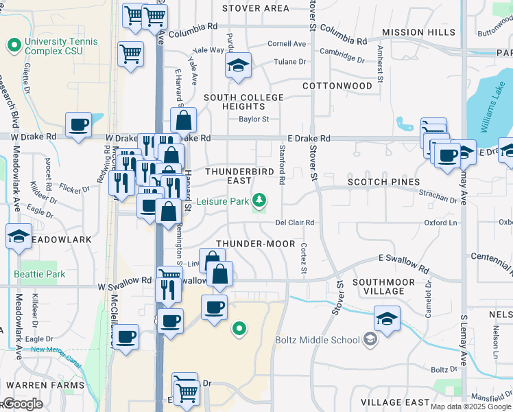 map of restaurants, bars, coffee shops, grocery stores, and more near 2800 Leisure Drive in Fort Collins