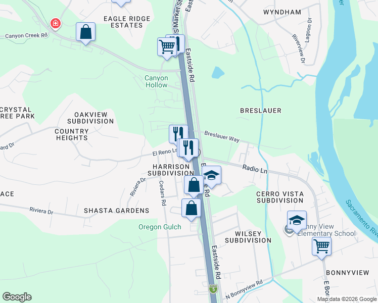 map of restaurants, bars, coffee shops, grocery stores, and more near 2227 El Reno Lane in Redding