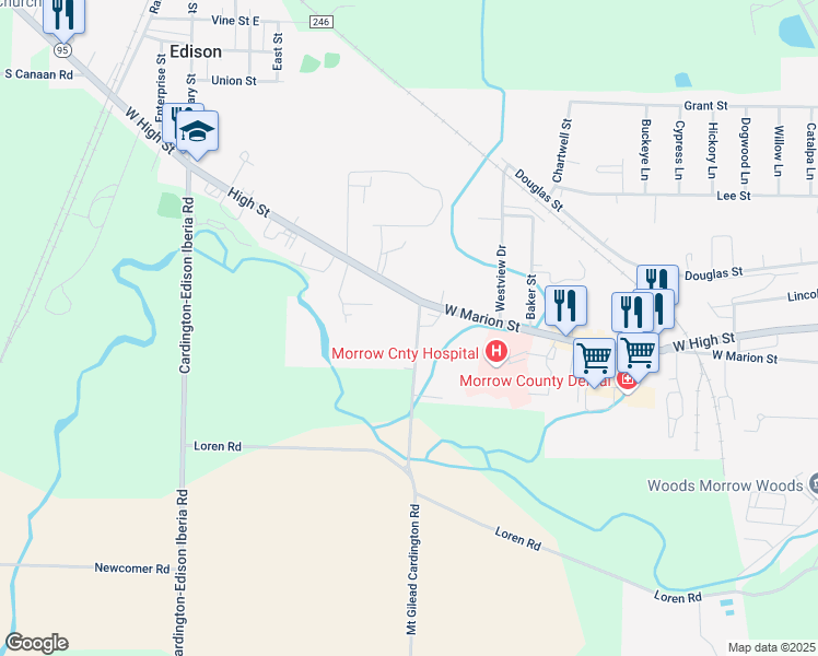 map of restaurants, bars, coffee shops, grocery stores, and more near 771 Orchard Drive in Mount Gilead