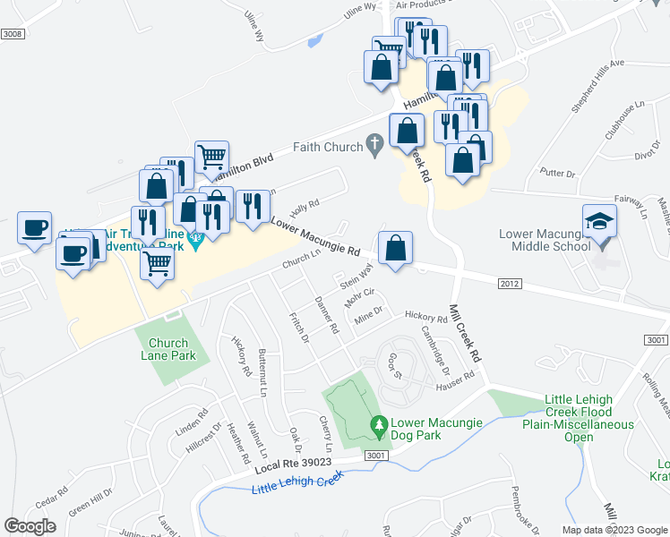 map of restaurants, bars, coffee shops, grocery stores, and more near 6673 Stein Way in Macungie