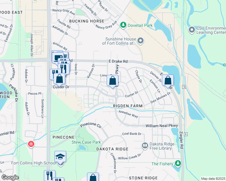 map of restaurants, bars, coffee shops, grocery stores, and more near 2821 Rigden Parkway in Fort Collins
