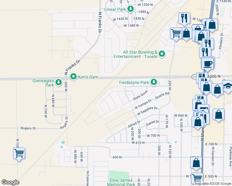 map of restaurants, bars, coffee shops, grocery stores, and more near 927 Petro Drive in Tooele