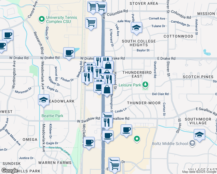 map of restaurants, bars, coffee shops, grocery stores, and more near 2720 South College Avenue in Fort Collins