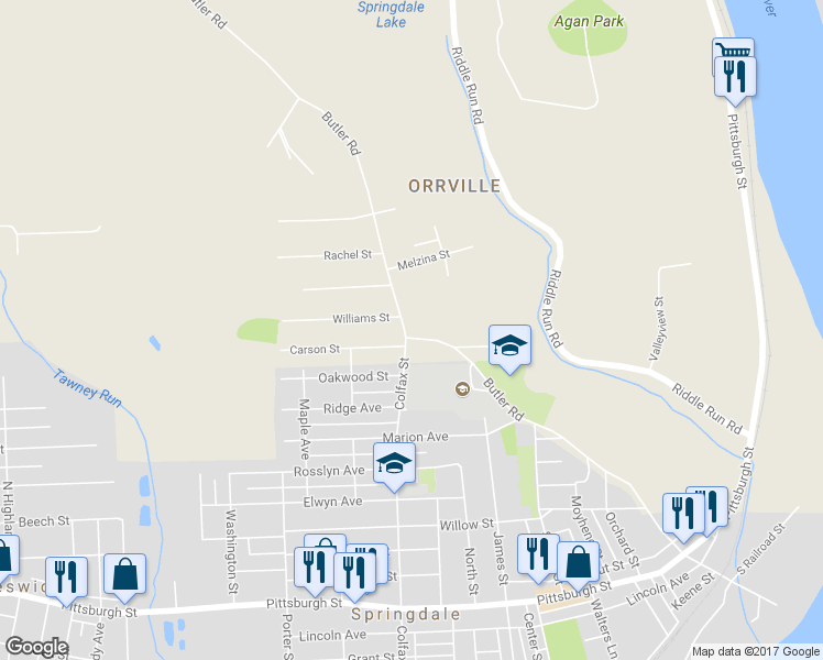 map of restaurants, bars, coffee shops, grocery stores, and more near 1009 Butler Road in Springdale