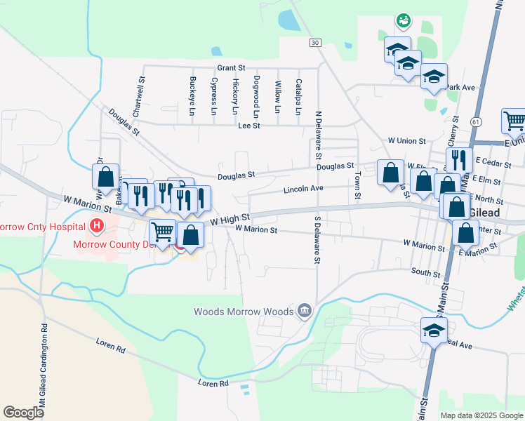 map of restaurants, bars, coffee shops, grocery stores, and more near 334 West High Street in Mount Gilead