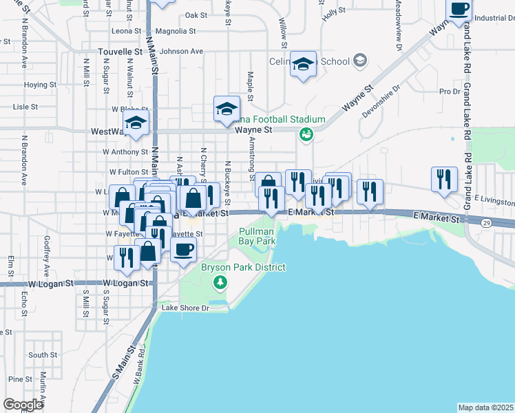 map of restaurants, bars, coffee shops, grocery stores, and more near 441 East Market Street in Celina