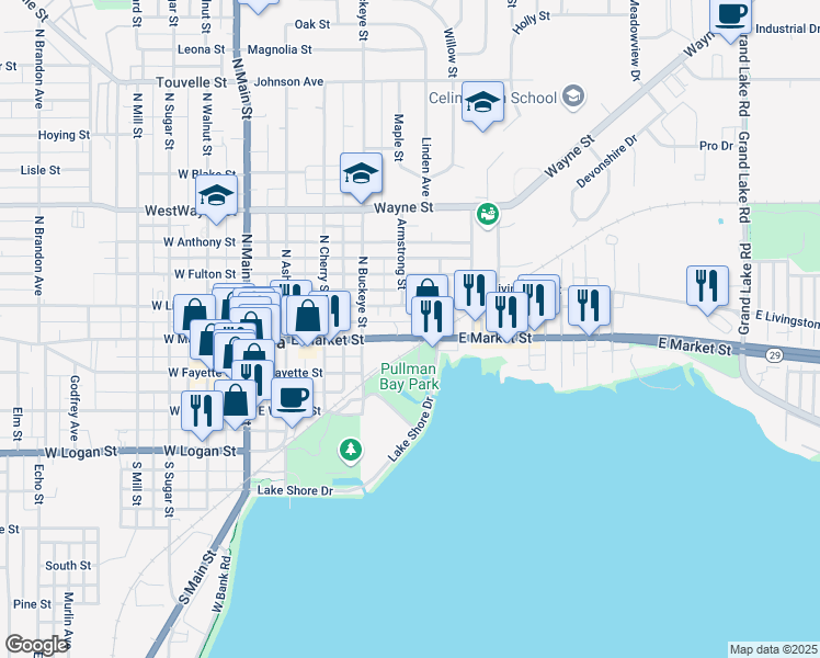 map of restaurants, bars, coffee shops, grocery stores, and more near 441 East Market Street in Celina